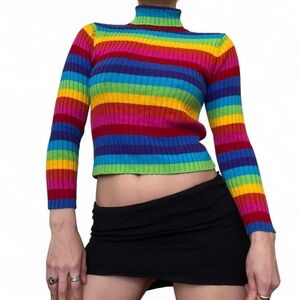 Vintage Striped Sweater - Colorful Rainbow Turtleneck Top